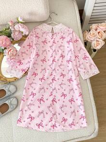SHEIN Young Girl V-Neck Printed Long Robe Dress, Middle Eastern,Kids - Pink - View 7