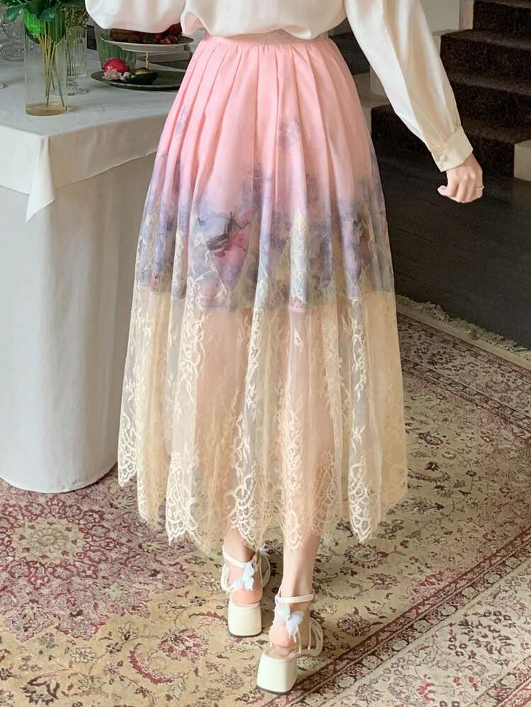 Women's Elegant Floral Lace Patchwork A-Line Skirt, Spring/Summer,Wedding Guest Dress Women