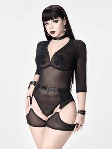 ROMWE Goth 女士哥特式网纱V领无袖连体裤套装 - 黑色 - 查看 4