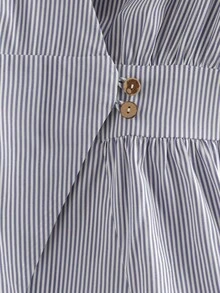 EMERY ROSE Women Blue Striped Casual Peplum Wrap Blouse With Collar Puff Half Sleeve Flared Hem - Blue - View 5