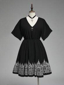 ROMWE Goth 哥特式黑暗城堡印花宽松加大码女装 - 黑色 - 查看 2