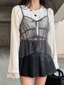 Women's Camisole Top With Layered Mesh, Waist Tie, And Bow Accent - Dark Grey - View 3