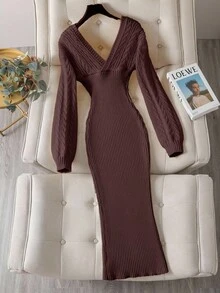 Franclia V-Neck Long Sleeve Ribbed Casual Long Knit Sweater Dress - Coffee Brown - View 2