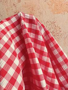 Sunnyshic Women's Red & White Plaid Frill Trim Front Tie Deep V-Neck Puff Sleeve Blouse - Red - View 6