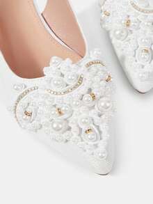 CUCCOO HITCHD 25厘米春夏新款浪漫优雅尖头珍珠装饰中跟白色露趾高跟鞋，新娘婚鞋