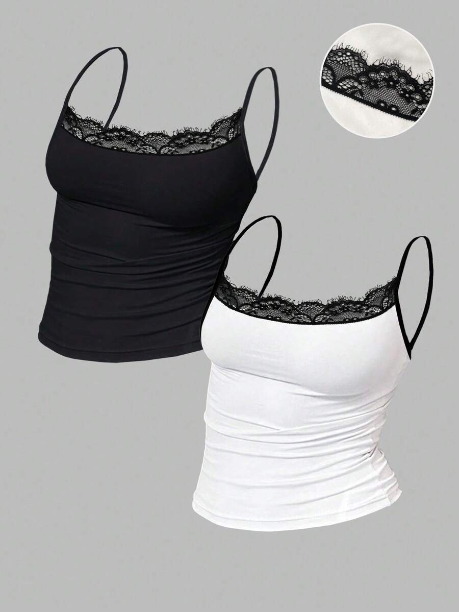 INAWLY 修身无袖露脐蕾丝吊带背心，百搭 - 彩色 - 查看 1