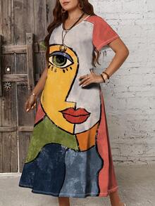 EMERY ROSE Vintage Style Summer Women's Plus Size Slim Fit Long Casual Dress With Colorblocked Human Face Print,Vacation/Spring - Multicolor - View 6