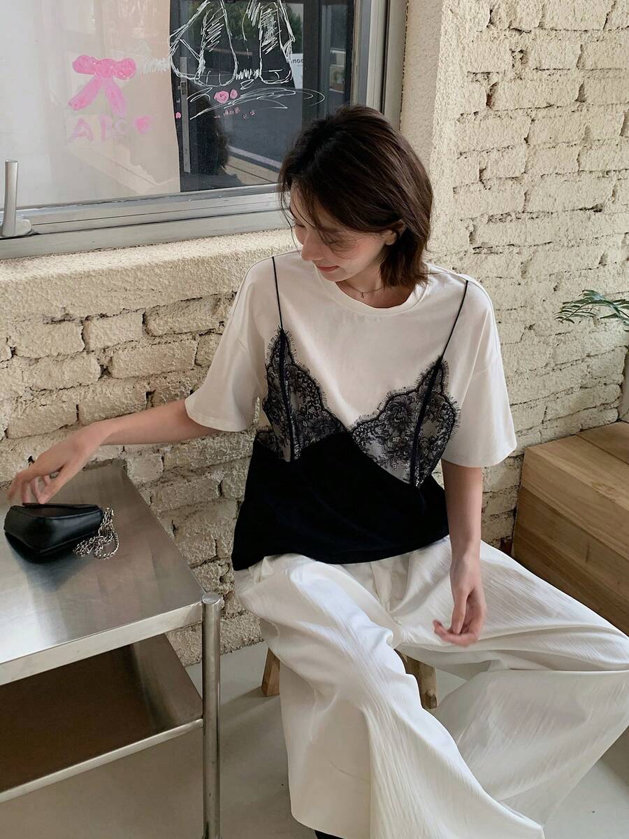 DAZY Women's Lace Camisole Casual Short Sleeve T-Shirt - White - View 1