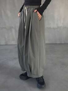 女士纯色深灰色褶裥阔腿裤，松紧腰带配撞色抽绳，宽松休闲百搭长裤 - 深灰色 - 查看 1