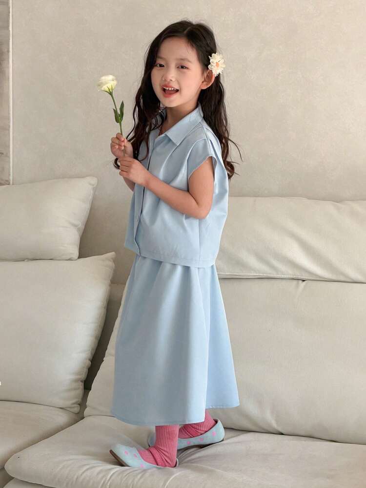 2pcs Young Girl Solid Color Polo Collar Casual Shirt And Skirt Set Spring Summer