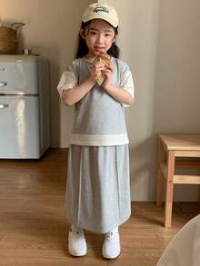 DAZY Young Girls' Round Neck Contrast Color 2 In 1 Korean Style Casual T-Shirt And Skirt Set Spring Summer - Grey - View 1