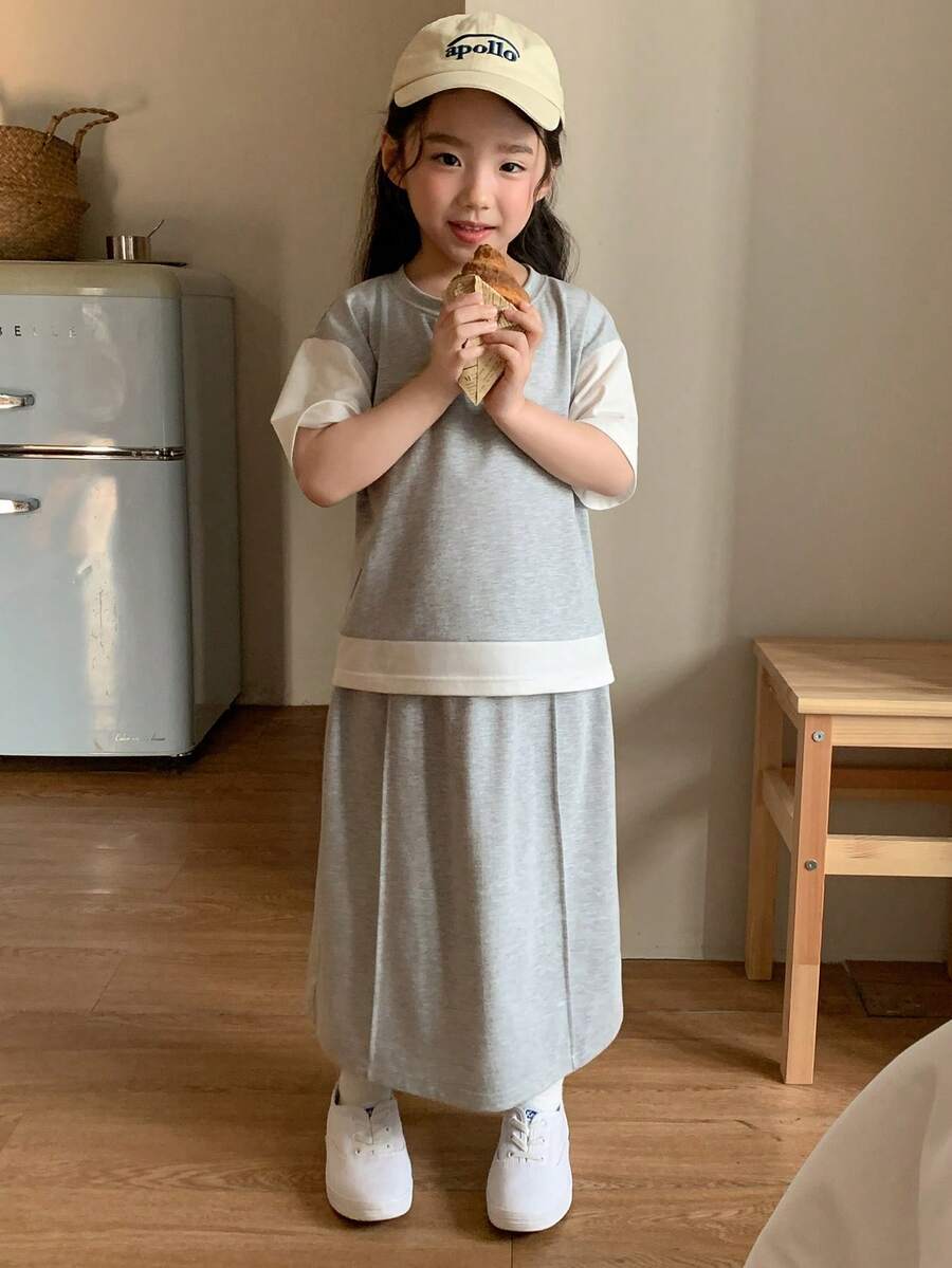 DAZY Young Girls' Round Neck Contrast Color 2 In 1 Korean Style Casual T-Shirt And Skirt Set Spring Summer - Grey - View 1