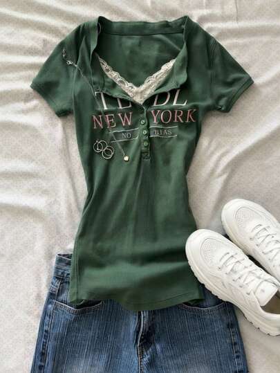 Glimmora Letter Print Half-Zip Slim Fit Short Sleeve T-Shirt