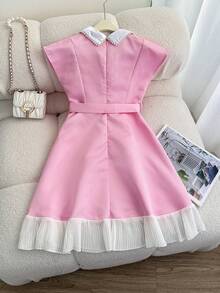 SHEIN Tween Girl Pink And White Summer Elegant Party Dress, Waist Cinched Collared Sleeveless A-Line Patchwork Design, Preppy Tween Girl Bow Casual Commuting Dress - Pink - View 2