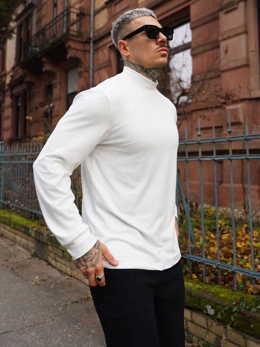 Artur Kramer Men's Fashionable Versatile Solid Color Slim Fit Turtleneck Long Sleeve T-Shirt, Suitable For Spring And Autumn Daily Commute - White - View 1