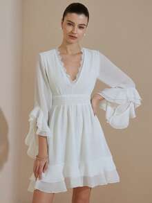 Aveloria Revavyn Luxury Chiffon Contrast Lace V-Neck Waist Cinched Ruffle Hem & Cuff Design Women's Short Dress - White - View 4