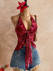 Soleia 派对上衣 沙滩 夏季度假 情人节 节日 嘉年华 女士 假日 休闲 红色上衣 Y2K 印花 系带露背吊带背心 - 彩色 - 查看 3