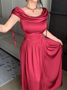 DAZY Đầm dài ngang gối thanh lịch màu trơn dành cho nữ, cổ xếp ly, thắt eo, thích hợp làm đầm dự tiệc cưới mùa hè. - Màu Đỏ Sâu - Xem 5
