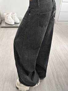 SHEIN HypeZone Quần jeans ống loe cạp thấp dáng suông thêu hình ngôi sao năm cánh dành cho nữ - Xám - Xem 4