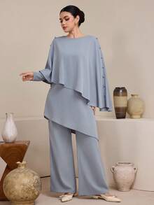 Graceveil 女士不对称上衣，袖口和裤子均饰有纽扣，阿拉伯风格套装 - 藍色 - 查看 6