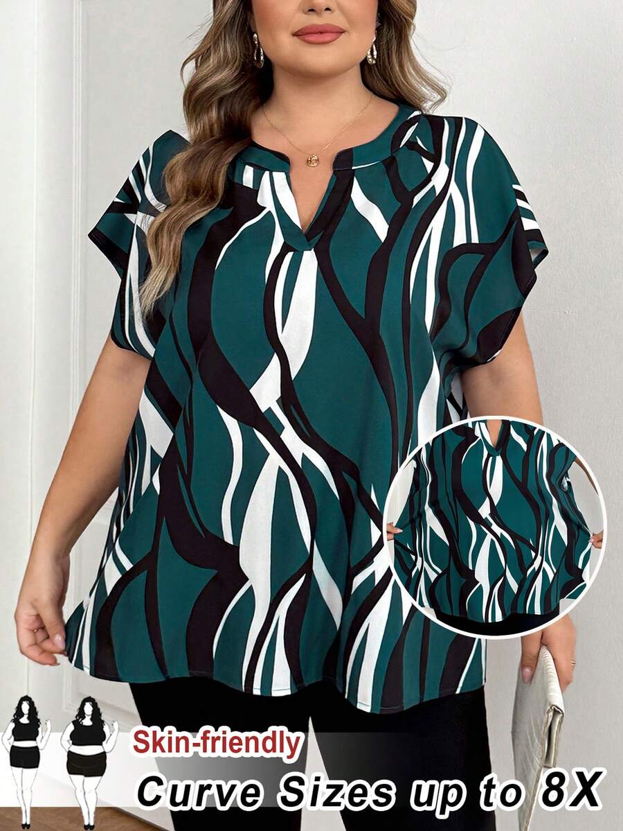 SHEIN CURVE+ Plus Size Women's Printed V-Neck Batwing Short Sleeve Casual Shirt Women Blouses Summer Tops Shirts - Multicolor - View 1