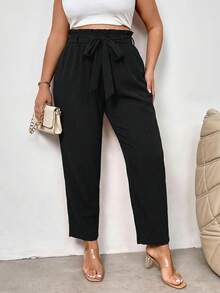 Firerie 大码优雅女士通勤工作服褶皱系带松紧腰带口袋设计修身裤宽松休闲裤蝴蝶结裤春季休闲度假裤黑色女裤 - 黑色 - 查看 4