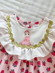 SHEIN 新生女宝宝橙色印花拼接白色蕾丝泡泡袖短袖连衣裙，夏季新款 - 粉色 - 查看 5