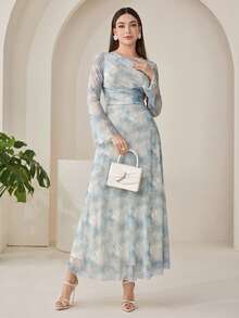 Veilorie 女士扎染圆领喇叭袖褶皱优雅连衣裙 - 彩色 - 查看 7