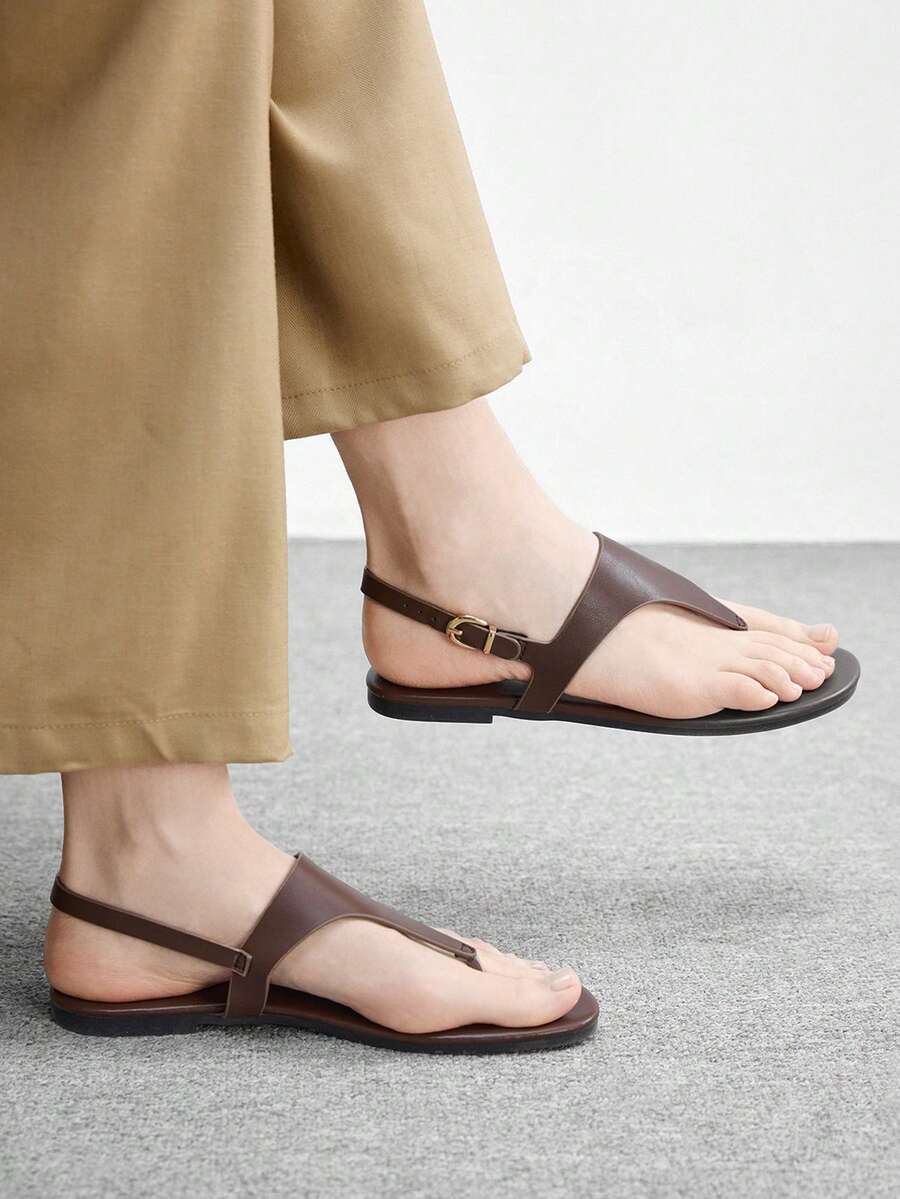 CUCCOO BIZCHIC 女士户外平底圆头咖啡色凉鞋,厚底防滑休闲沙滩拖鞋,春夏款 - 咖啡棕 - 查看 1