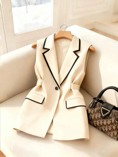 Franclia Women's Blazer, Beige Blazer, Contrasting Collar Blazer, Sleeveless Blazer, Thin Spring/Autumn Blazer, Belted Blazer, Elegant Blazer, Black Blazer, Color-Block Blazer, Everyday Commuter Blazer, Fashionable And Versatile Blazer, Simple And Sophisticated Blazer