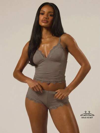 MUSERA ESSENTIALS Triangle Bust Lace Trim Adjustable Strap Cami Top And Fitted Boxer Boyshort Multipack Set Winter Christmas Holidays Underwear Everyday Cosy Lounge Essential