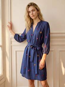 Écloséra 女士优雅连衣裙，V领刺绣连衣裙，泡泡袖连衣裙，系腰连衣裙，碎花连衣裙，A字连衣裙，春夏连衣裙 - 藏蓝色 - 查看 6