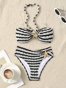 SHEIN 少女修身休闲条纹露背海星图案泳装套装 - 黑與白 - 查看 1