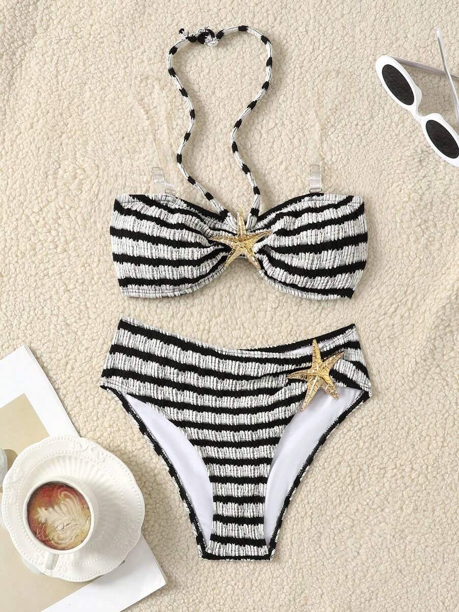 SHEIN 少女修身休闲条纹露背海星图案泳装套装 - 黑與白 - 查看 1