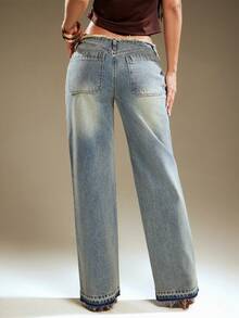 Denimoi 低腰毛边直筒牛仔裤 性感牛仔裤 Y2K 时尚低腰牛仔裤 - 淺色水洗藍 - 查看 5