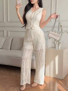 Dazy-Less Spring/Summer Elegant Lace 2-Piece Set: Sleeveless Jacket Top And Straight Leg Pants, Casual Commuting Outfit, Old Money Luxury Style Business Casual Woman - White - View 3