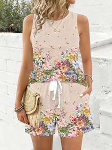 2pcs/Set Women Vintage Floral Print Casual Camisole Top, Comfortable For Spring/Summer Leisure & Holiday - متعدد الألوان - مشاهدة 1
