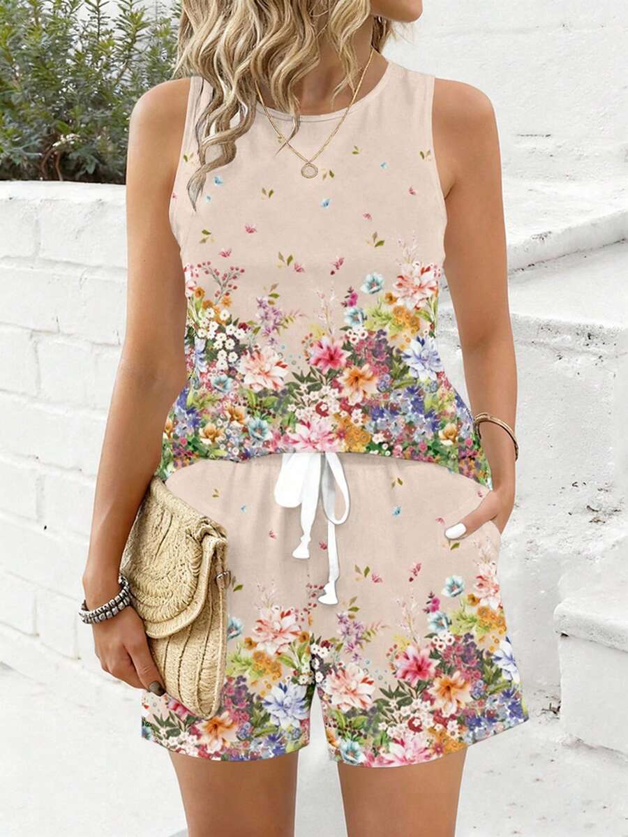 2pcs/Set Women Vintage Floral Print Casual Camisole Top, Comfortable For Spring/Summer Leisure & Holiday - متعدد الألوان - مشاهدة 1