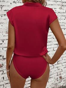SHEIN Clasi 女士纯色垂褶V领褶裥连体衣 - 紅色 - 查看 2