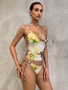 Bonvoyette 2pcs Floral Print Yellow Plaid Bikini Set, Casual Vacation Beach Party Swimwear, Spring/Summer - Light Yellow - View 8