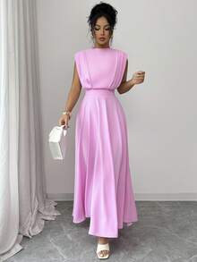 Elenzga 女士纯色中高领无袖褶裥肩部收褶腰部可调节喇叭连衣裙，优雅法式复古浪漫简约风，适合办公室、通勤、商务、休闲、海滩、日常、约会、婚礼、春夏等场合。 - 粉色 - 查看 7