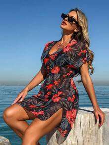 Swim Lushoire Gaun Penutup Lengan Kelelawar Motif Tanaman Tropis untuk Wanita - Merah - View 5