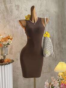 Attitoon Casual Minimalist Versatile Women Round Neck Bodycon Mini Dress, Suitable For Summer - Brown - View 3