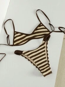 Swim Mod 女士春夏沙滩音乐节针织提花面料可爱甜美高腰裤比基尼套装 - 彩色 - 查看 6