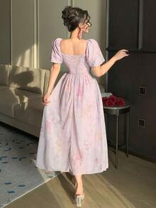 DAZY Đầm maxi mùa hè, lễ Phục Sinh, in họa tiết hoa Pháp, cổ bèo nhún, tay ngắn, thanh lịch dành cho nữ. - Màu tím hoa cà - Xem 2