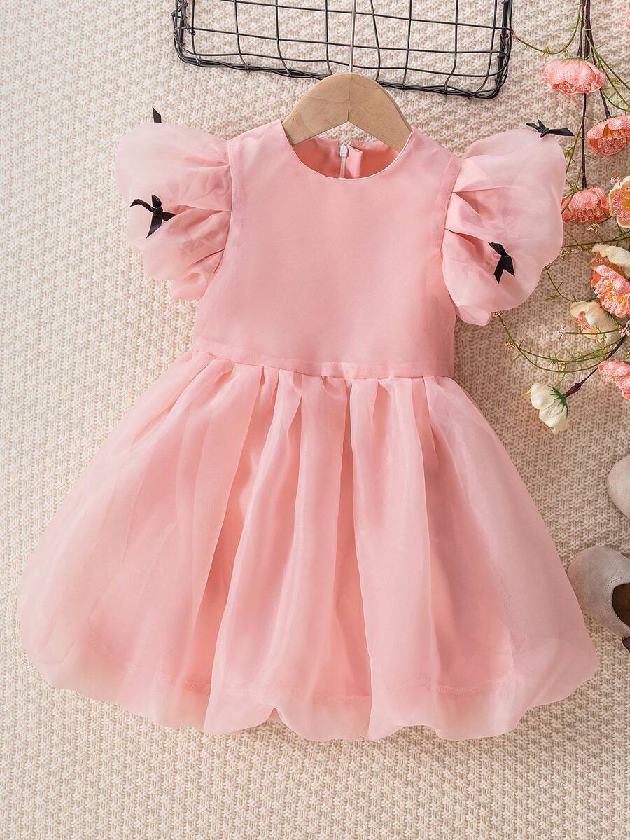 Young Girl' Summer Pink Puff Sleeve Mesh Dress With Bow, Cute Princess Tutu Dress - Pink - View 1