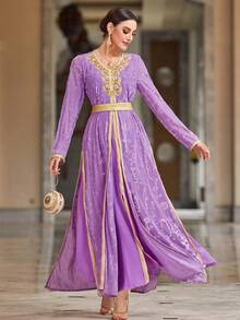 Layrah Elegant Party Lavender Velvet Burnout Dress Lilac Dress Elegant For Evening Party - Purple - View 1