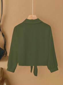 Franclia 法式优雅编织翻领长袖系带开衫，新款夏季白色女式衬衫 - 橄欖綠 - 查看 2