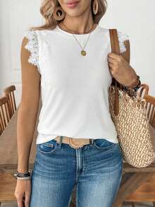 Louniche 女士休闲白色圆领蕾丝荷叶袖甜美宽松短袖T恤，春季 - 白色 - 查看 5
