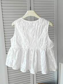 SHEIN 少女休闲日常度假纹理提花蝴蝶结前襟无袖衬衫 - 白色 - 查看 2